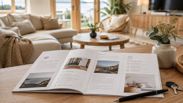 Airbnb welcome book open inside a modern holiday rental with guest information and property keys