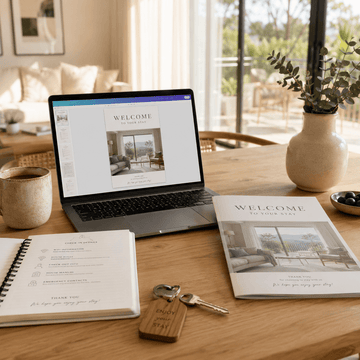 Host creating an Airbnb welcome book on a laptop beside a printed welcome guide in a modern holiday rental.