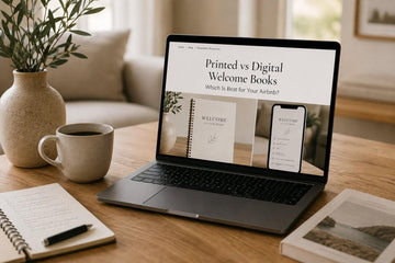 a laptop showing printed vs digital welcome book