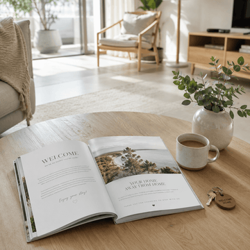 Open Airbnb welcome book on a coffee table inside a modern holiday rental.