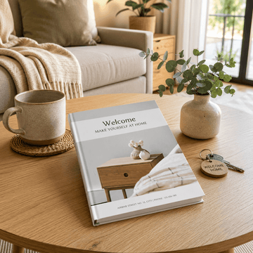 Elegant Airbnb welcome book displayed on a coffee table inside a bright holiday rental.