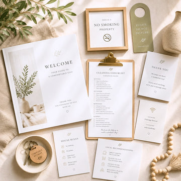 The set includes a welcome guide, a cleaning checklist on a clipboard, a house rules card, a social recommendations card, a no smoking sign, a hang tag