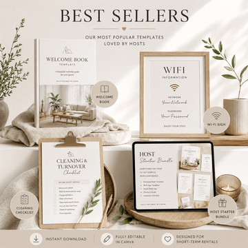 Featured collection of Practical Editions' bestselling digital templates for Airbnb, holiday rental and short-term rental hosts, including welcome books, property signs, guest resources and hosting tools.