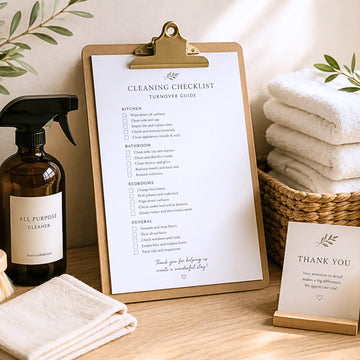 A wooden clipboard holding a 'Cleaning Checklist Turnover Guide' sheet, styled on a tabletop with folded towels, a spray bottle, a basket, and a small thank-you card in a bright, clean setting.