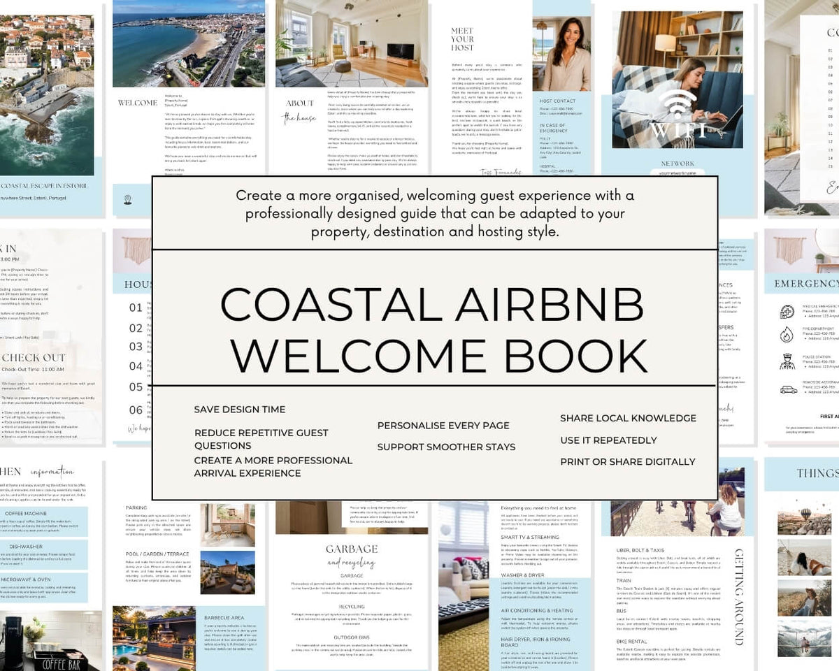 Full 26-page coastal holiday rental welcome book template with editable property information and local recommendations