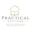 A minimalist logo for Practical Editions, featuring a line drawing of a house with an open book inside, above the text 'PRACTICAL EDITIONS' and the subtitle 'PRACTICAL RESOURCES FOR HOLIDAY RENTAL HOSTS' on a plain white background.