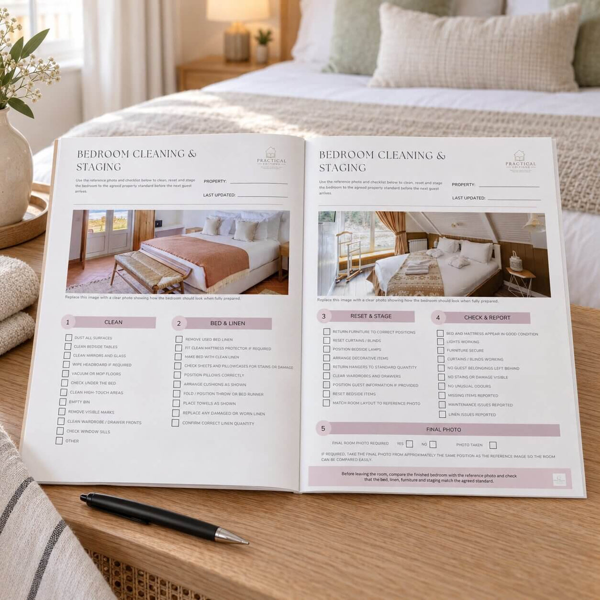 An open printed checklist booklet titled 'Bedroom Cleaning & Staging' lies on a wooden table in a bedroom setting, with a bed, pillows, lamp, and pen visible. The booklet has two printed pages with photos of staged bedrooms and cleaning/staging task checklists.