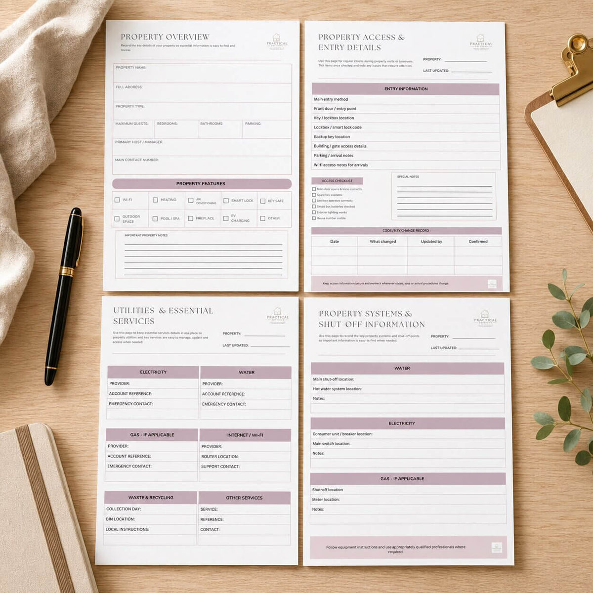 Four printed property management forms arranged in a 2x2 grid on a light wood desk, with a black pen, beige fabric, a clipboard, and eucalyptus leaves around them.