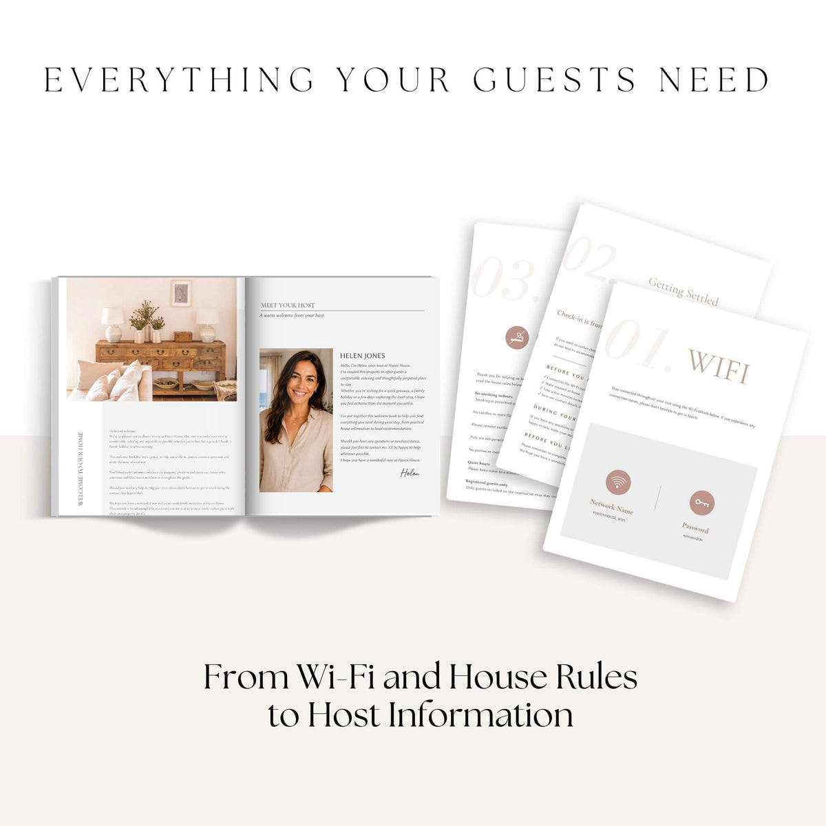 A promotional graphic showing a set of printed guest-facing stationery and informational inserts, including an open booklet with a bedroom photo and text, several white document sheets, and a card labeled WIFI. Large text at the top reads 'EVERYTHING YOUR GUESTS NEED' and text at the bottom reads 'From Wi-Fi and House Rules to Host Information.
