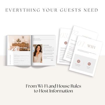 A promotional graphic showing a set of printed guest-facing stationery and informational inserts, including an open booklet with a bedroom photo and text, several white document sheets, and a card labeled WIFI. Large text at the top reads 'EVERYTHING YOUR GUESTS NEED' and text at the bottom reads 'From Wi-Fi and House Rules to Host Information.