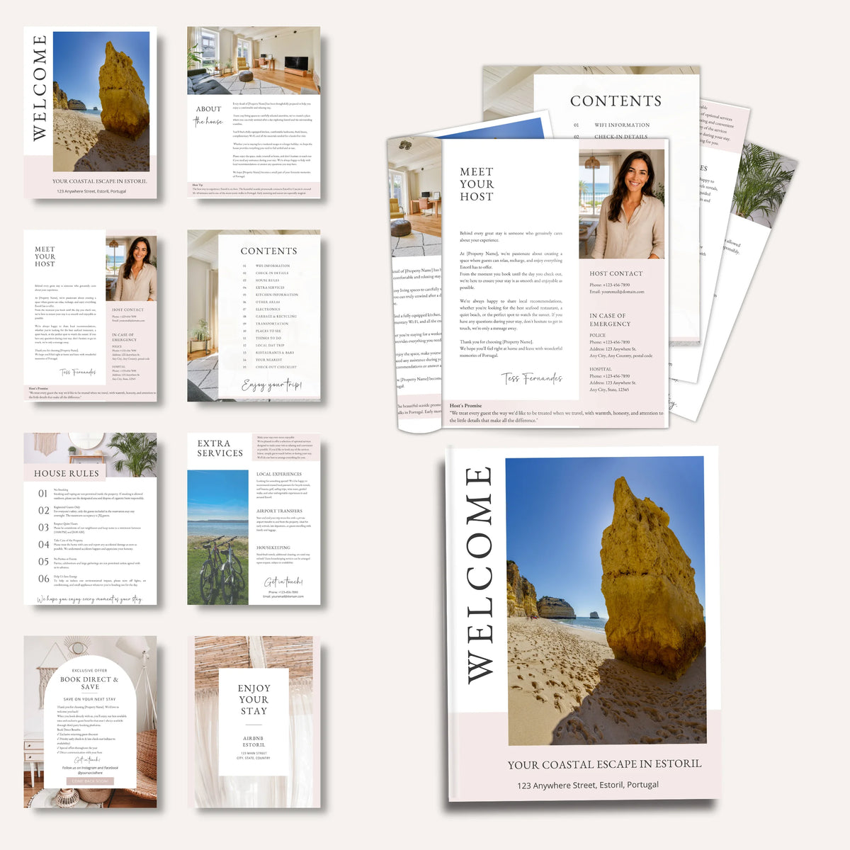 A collage of printed welcome book template and layout pages on a light beige background, including a welcome card, contents page, meeting your host page, house rules, extra services, and a large welcome poster with a beach rock photo.