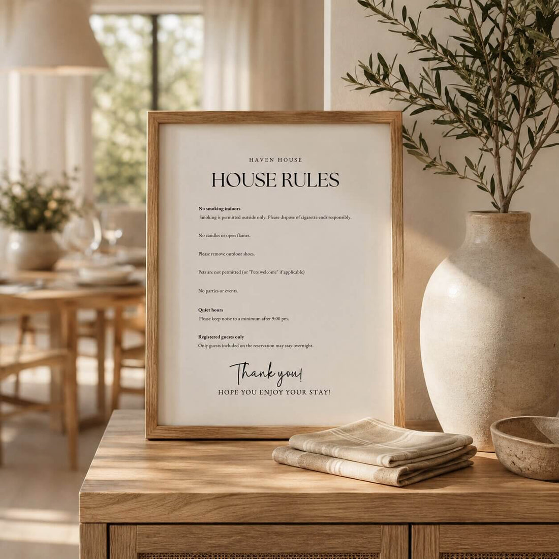 A framed 'House Rules' sign with a light wood frame and white background stands on a wooden table in a warm, styled interior setting next to a large ceramic vase with greenery.
