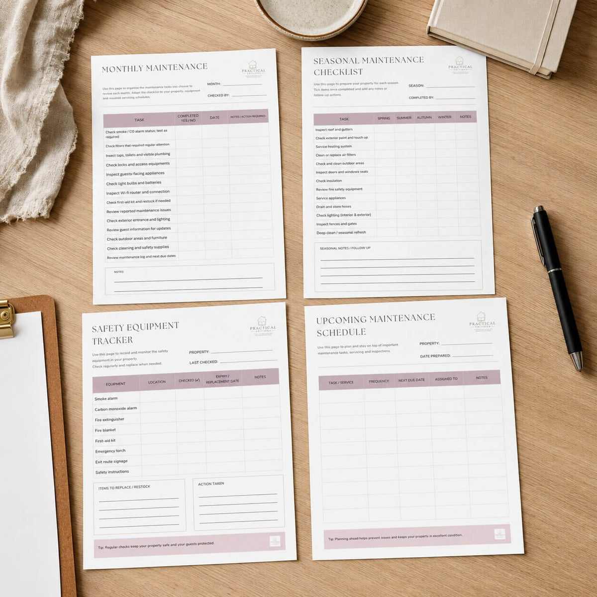 Printable monthly and seasonal maintenance checklists with a safety equipment tracker and upcoming schedule