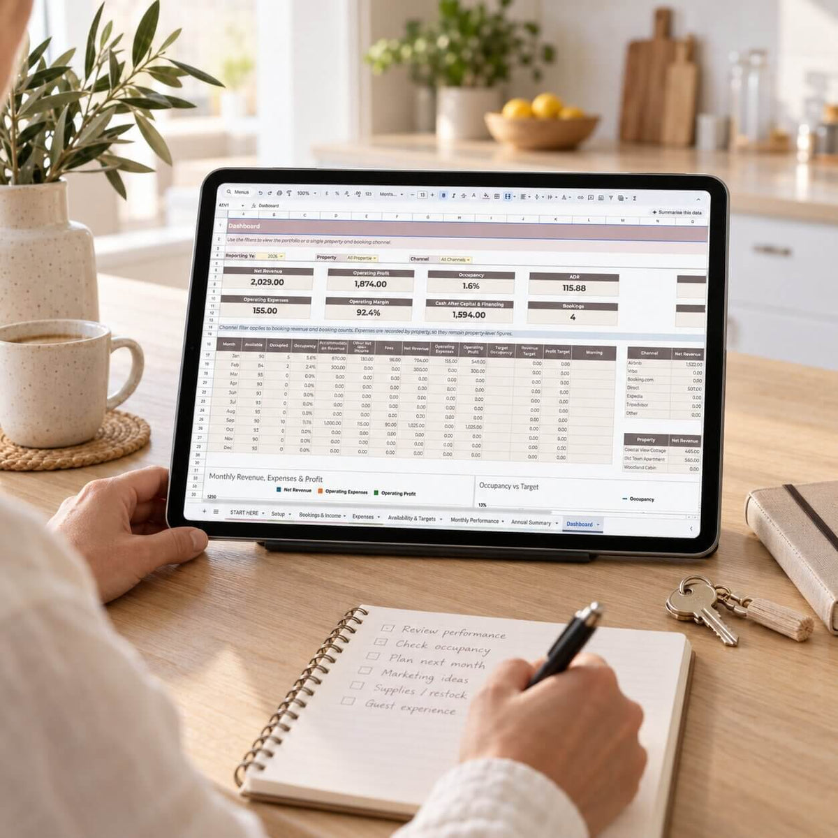 A person at a wooden desk uses a tablet displaying a spreadsheet dashboard, with an open notebook and pen in front. The scene is set in a bright, modern kitchen environment.