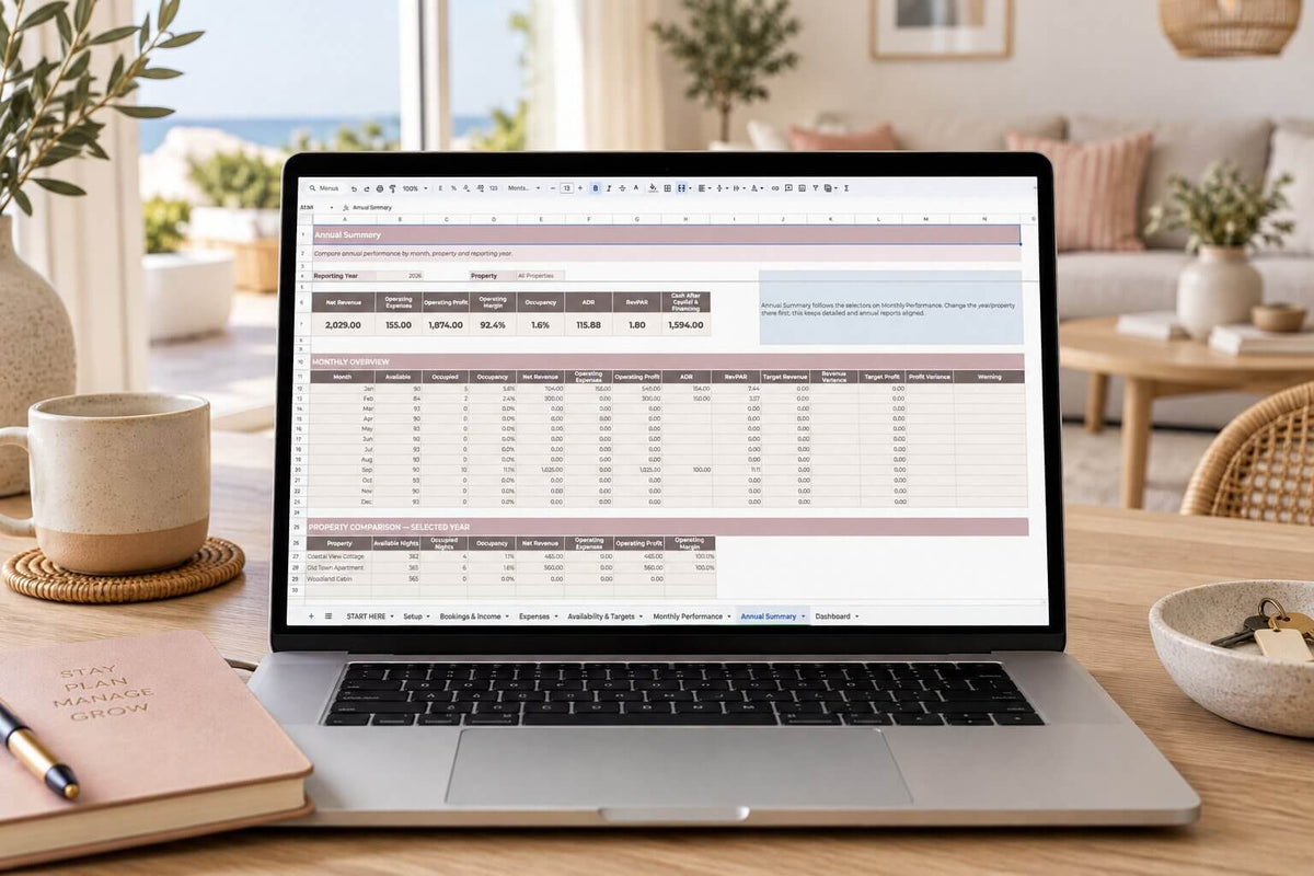 A laptop on a wooden desk displaying a spreadsheet template, set in a bright, modern home office environment with a coffee cup, notebook, and plants.