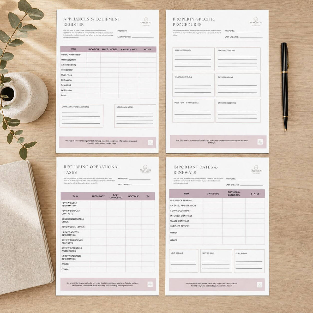 Four printed management and maintenance tracking sheets arranged on a light wood desk with a black pen, a small ceramic vase, and a notebook nearby. The sheets are white with gray text and pale pink headers, titled for appliances and equipment register, property specific procedures, recurring operational tasks, and important dates and renewals.