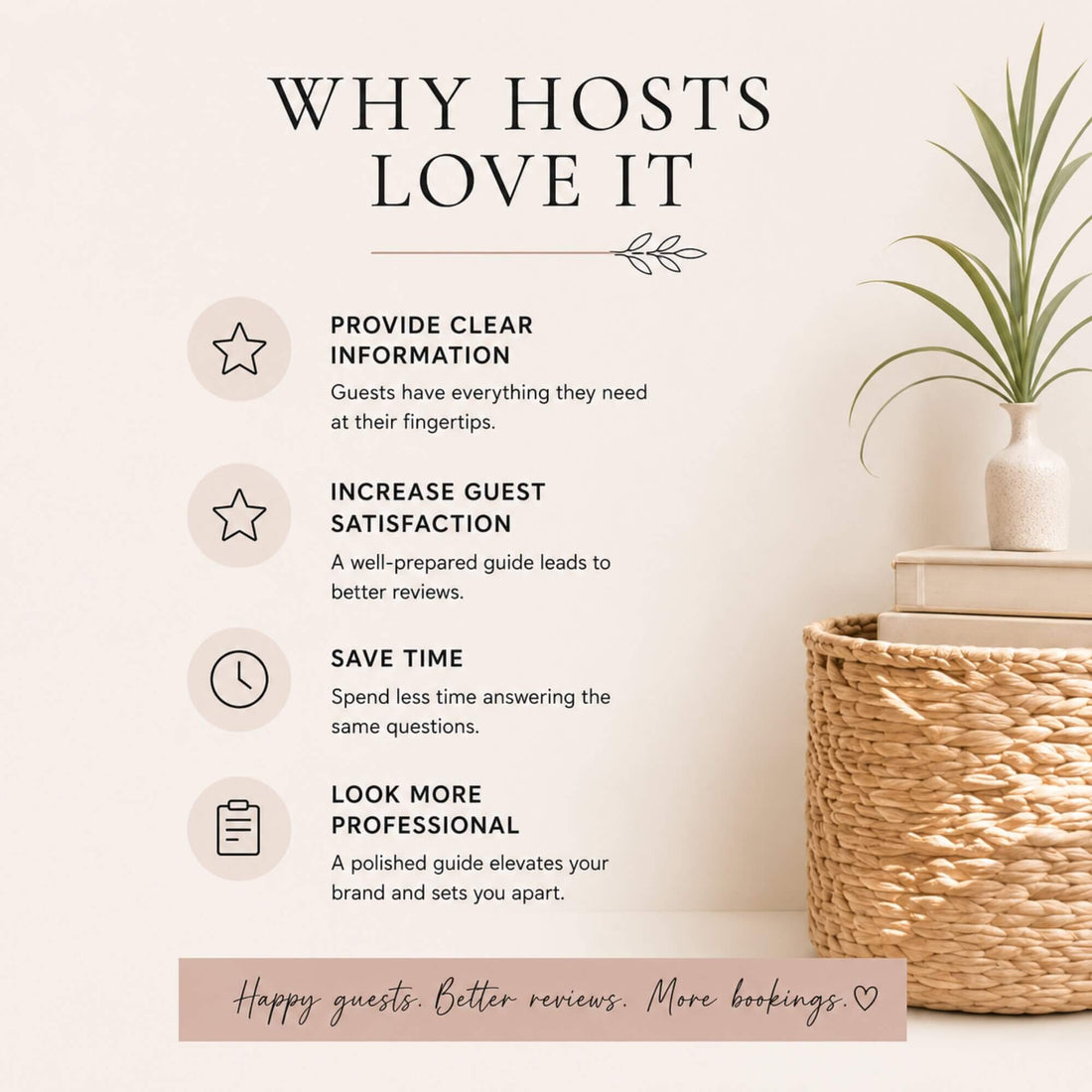 A promotional graphic showing a set of printed guest-facing stationery and informational inserts, including an open booklet with a bedroom photo and text, several white document sheets, and a card labeled WIFI. Large text at the top reads 'EVERYTHING YOUR GUESTS NEED' and text at the bottom reads 'From Wi-Fi and House Rules to Host Information.