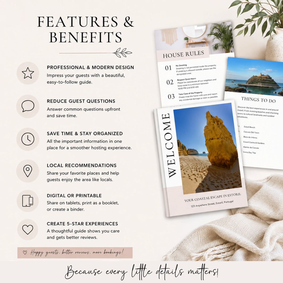 A styled promotional graphic for a house rules and welcome book set. The left side lists features and benefits in text with simple icons, while the right side shows the printed booklets laid on fabric with a beach photo insert.