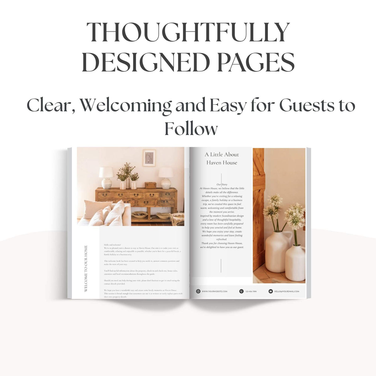 Promotional graphic for a digital planner or website template, featuring the text 'THOUGHTFULLY DESIGNED PAGES' and 'Clear, Welcoming and Easy for Guests to Follow' above an open mockup of a two-page layout with warm neutral interior design photos and text.