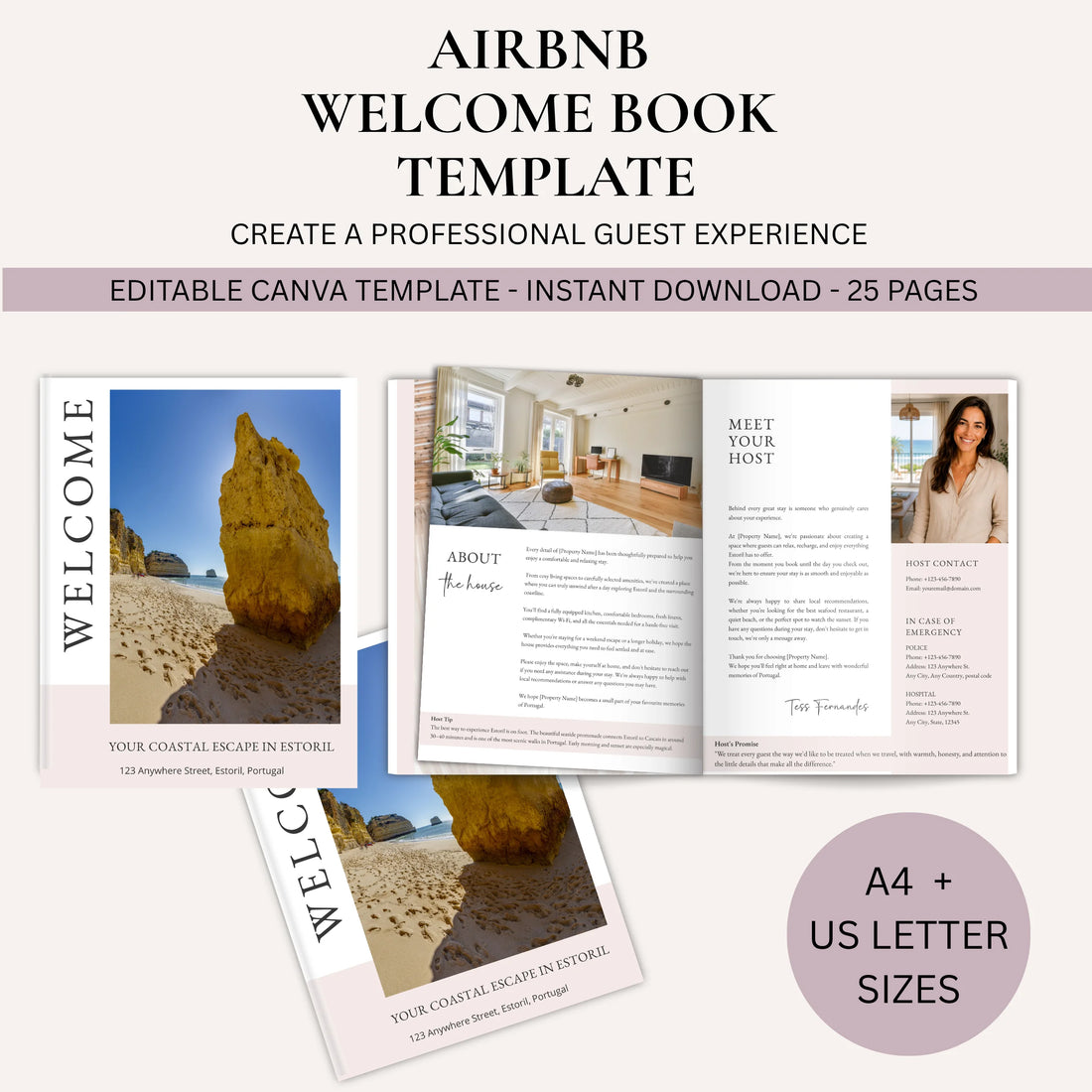 Promotional graphic for an Airbnb welcome book template, showing a beige background with the text 'AIRBNB WELCOME BOOK TEMPLATE' and a purple banner reading 'EDITABLE CANVA TEMPLATE - INSTANT DOWNLOAD - 25 PAGES.' 