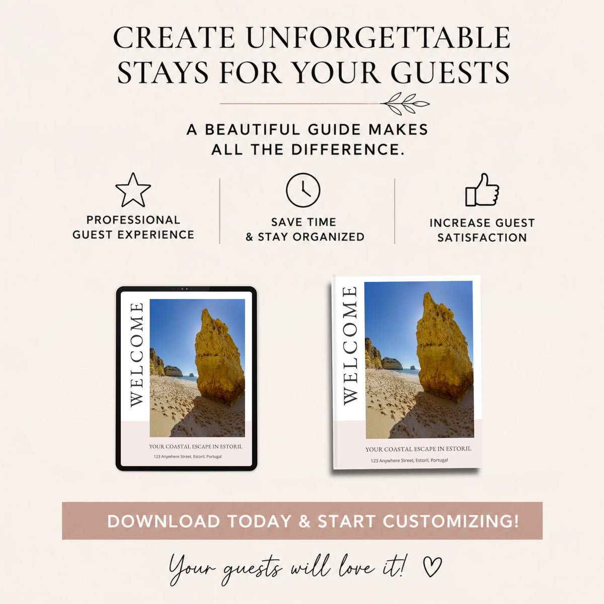 Promotional graphic for a customizable welcome guide or poster template, showing marketing text at the top, two sample poster mockups below, and a call-to-action banner at the bottom on a light beige background.