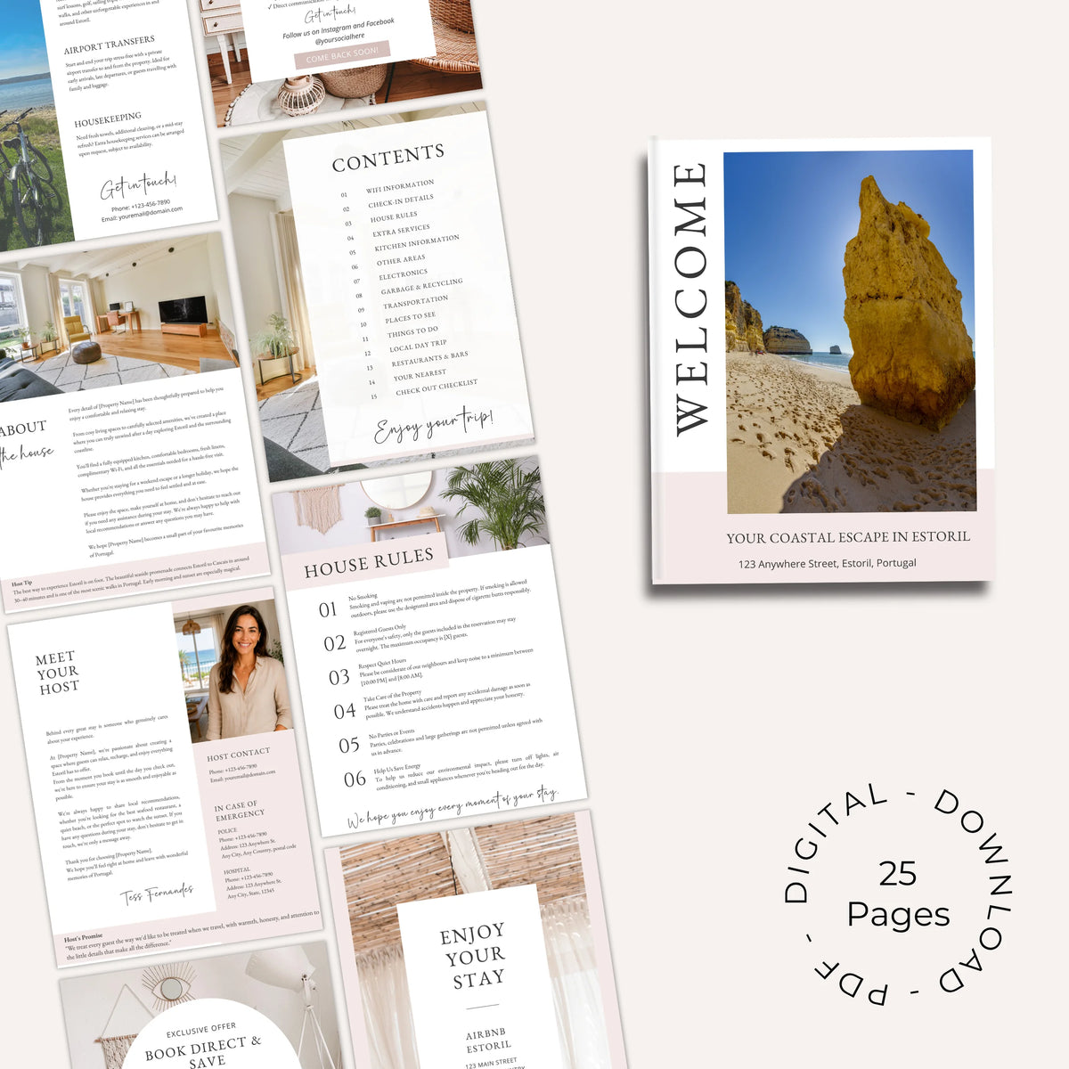 A collage of printed and digital pages for a Portuguese house-hunting or travel guide set, featuring a welcome card, contents page, house rules, and interior design pages. A circular badge on the right reads 'DIGITAL - DOWNLOAD 25 Pages'.