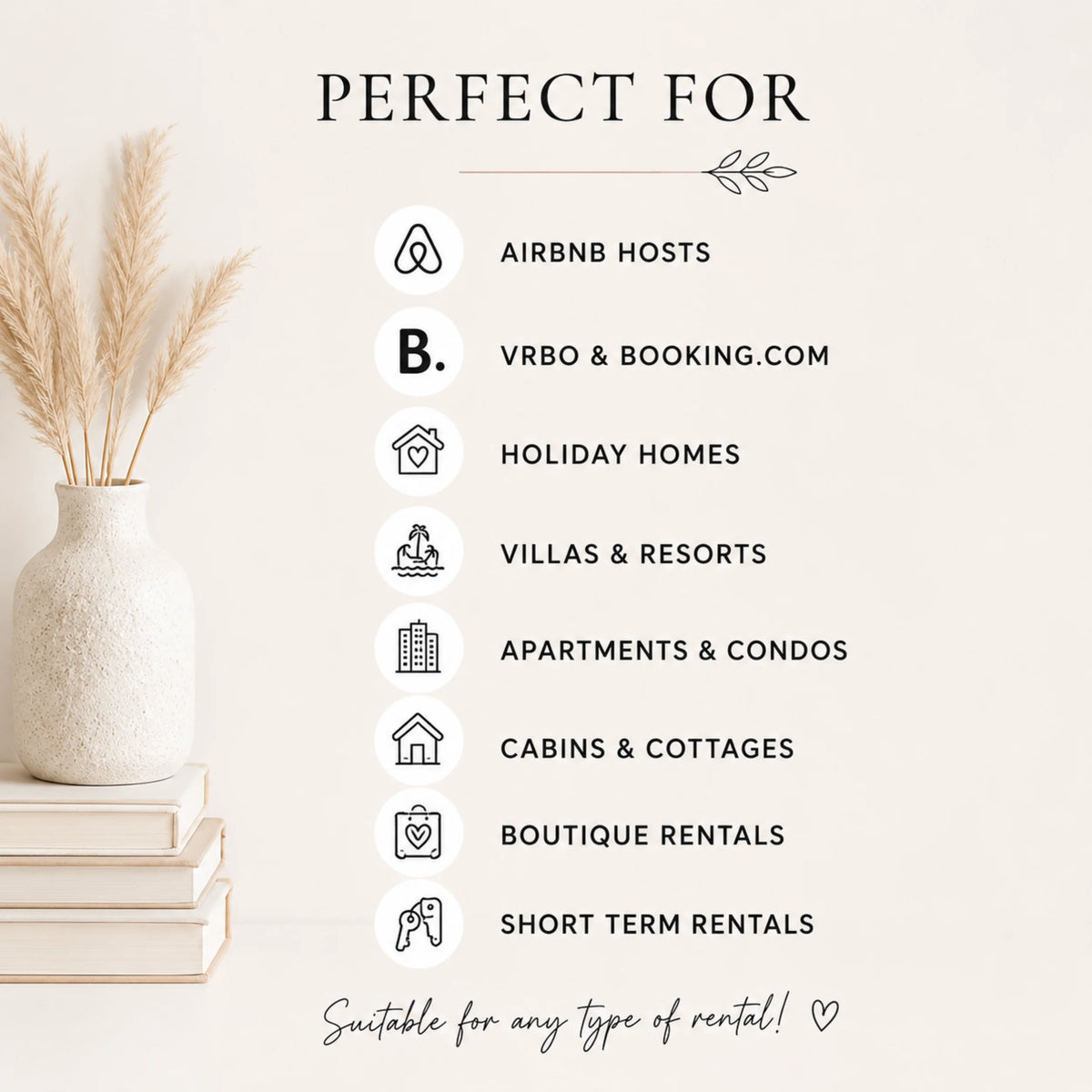 Promotional graphic for a rental platform listing, featuring a textured white vase with dried pampas grass on stacked books, next to a list of property types including Airbnb hosts, VRBO & Booking.com, holiday homes, villas & resorts, apartments & condos, cabins & cottages, boutique rentals, and short term rentals.
