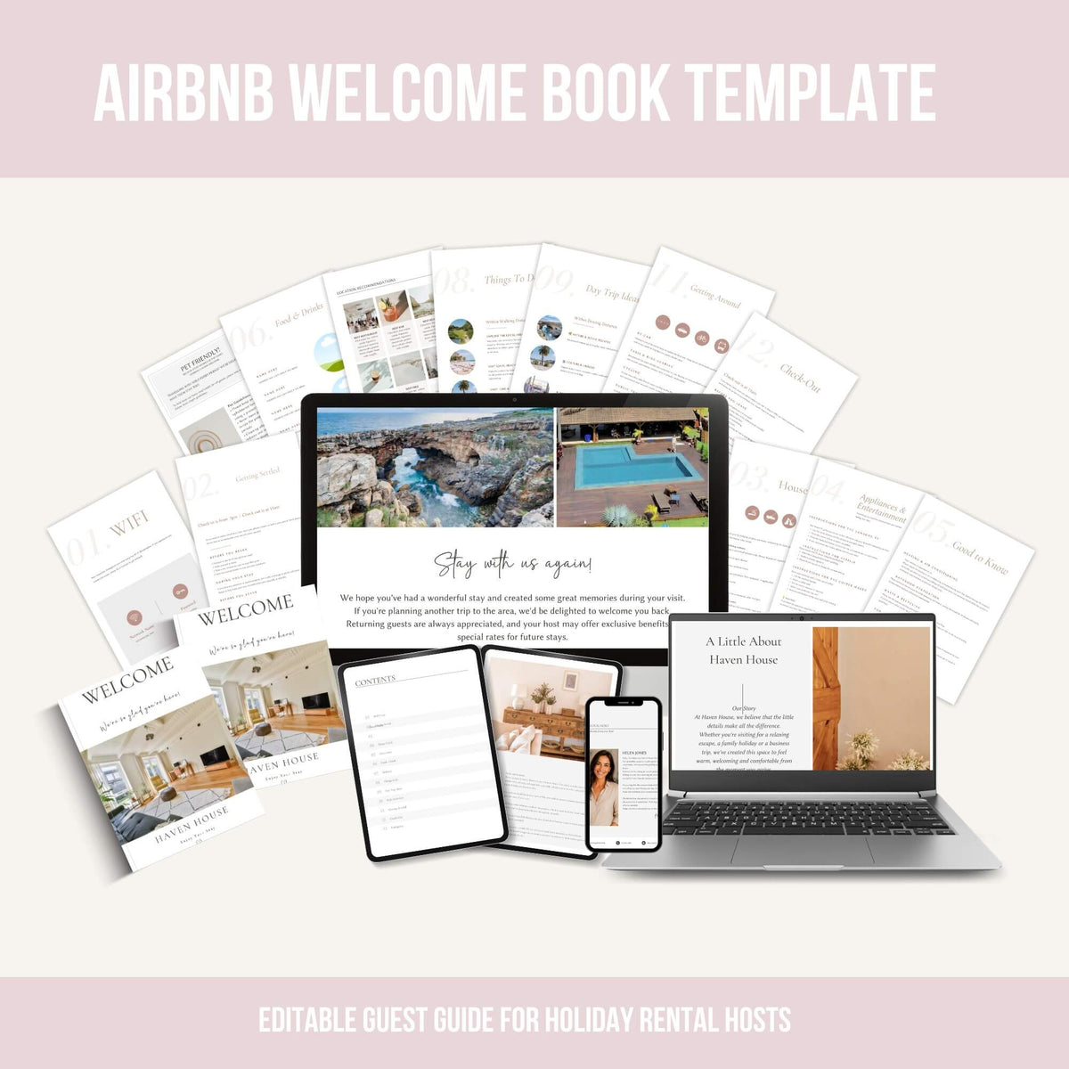 Airbnb welcome book template mockup showing a laptop, tablet, and phone with a guest guide layout, surrounded by printed pages and a booklet on a light beige background with pink header and footer bands.