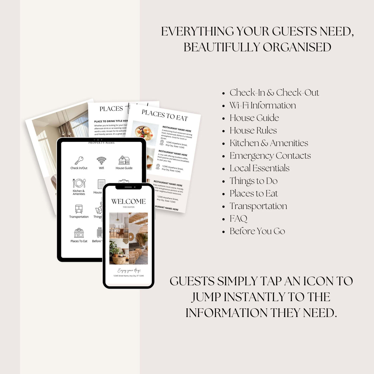 Overview of the editable Airbnb Welcome Book template showing interactive sections including Wi-Fi, house rules, transportation, local recommendations and emergency information.