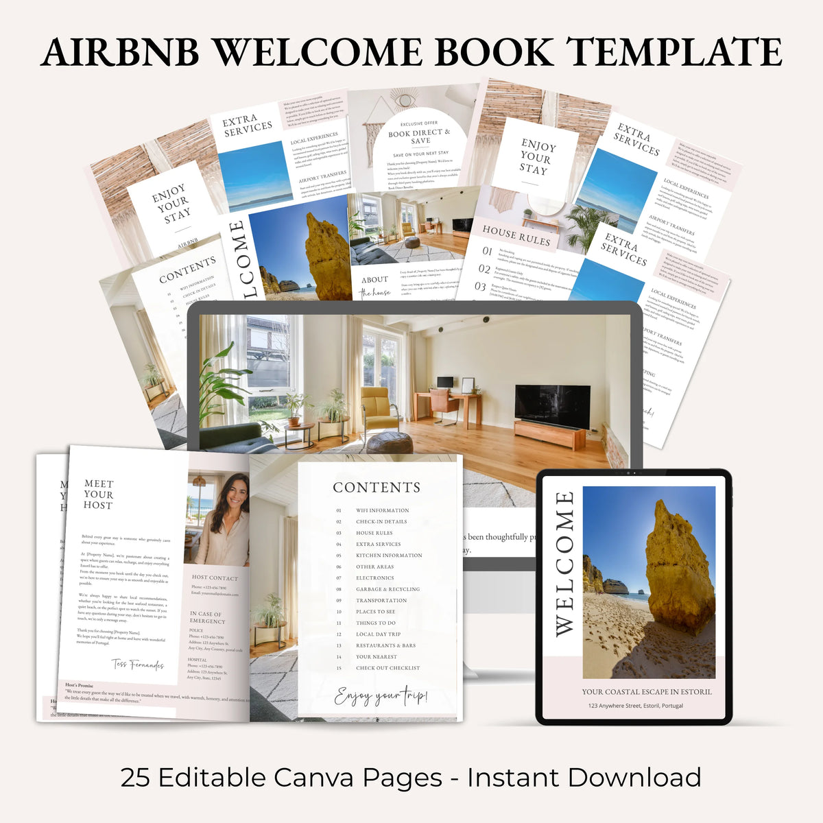 A digital product mockup displaying an Airbnb welcome book template set. The graphic shows multiple pages of a modern, minimalist book layout with text sections like 'Welcome', 'Contents', and 'Extra Services'.