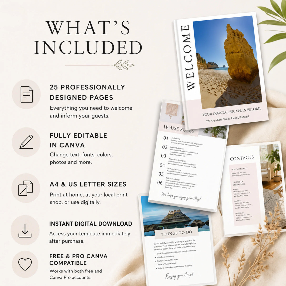Promotional graphic for a digital Canva template package, showing several printed mockup pages of a welcome itinerary, house rules, and things to do, alongside text describing included features such as 25 professionally designed pages.