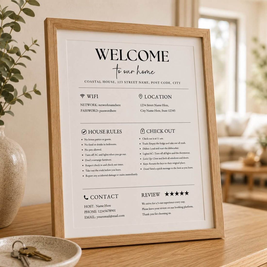 Framed Airbnb welcome sign with Wi-Fi, house rules, checkout and host contact details