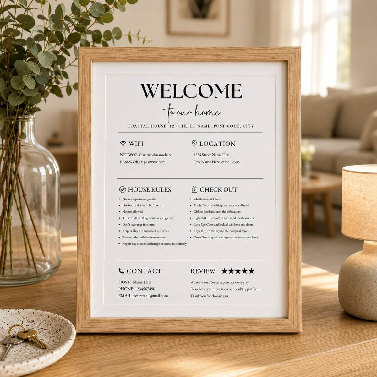 Airbnb welcome sign showing property address and Wi-Fi details