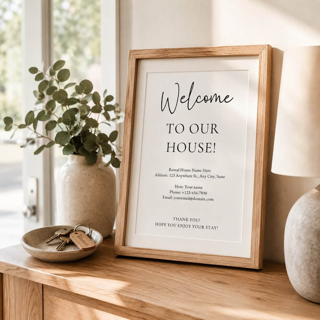Editable Airbnb welcome sign template displayed in a light oak frame on a console table inside a Scandinavian-style holiday rental.