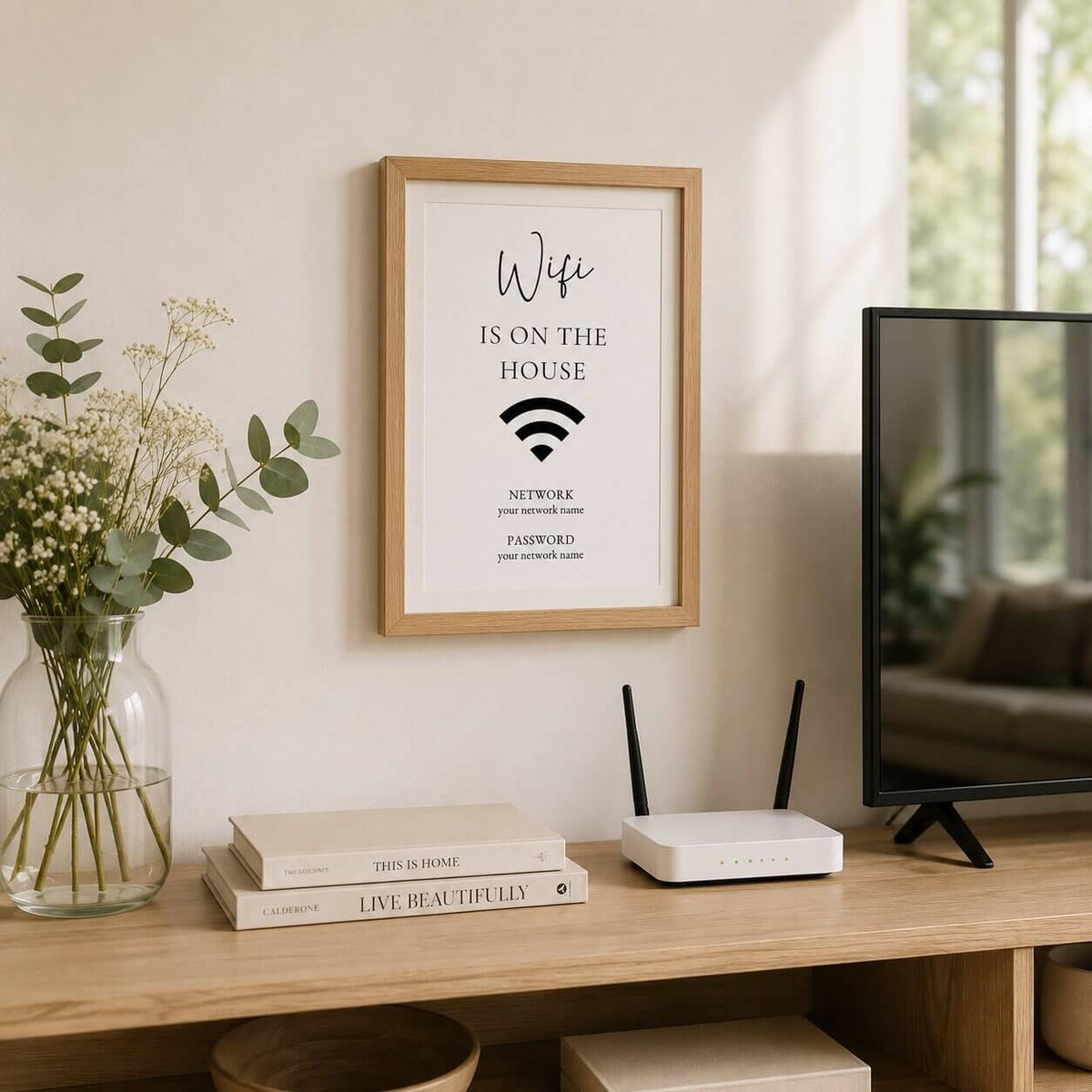 Editable Airbnb Wi-Fi sign template displayed in a natural oak frame beside a Wi-Fi router in a modern Scandinavian-style holiday rental.