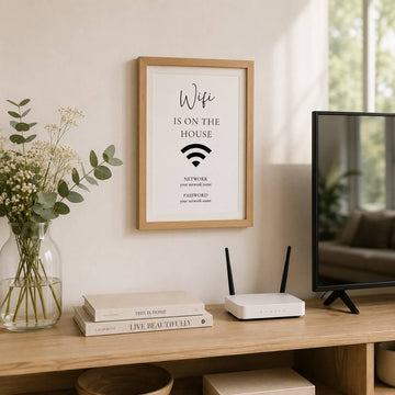 Editable Airbnb Wi-Fi sign template displayed in a natural oak frame beside a Wi-Fi router in a modern Scandinavian-style holiday rental.