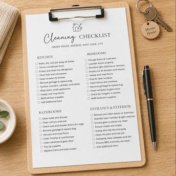 A printed cleaning checklist sheet clipped to a clipboard with a pen nearby, photographed on a wooden surface with a small plant and a key tag visible. The sheet includes sections for kitchen, bedrooms, bathrooms, and entrance/exterior with checkbox items and a small house icon at the top.