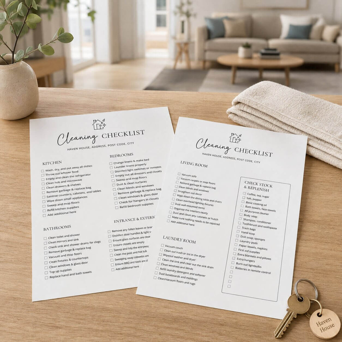 A printed cleaning checklist sheet clipped to a clipboard with a pen nearby, photographed on a wooden surface with a small plant and a key tag visible. The sheet includes sections for kitchen, bedrooms, bathrooms, and entrance/exterior with checkbox items and a small house icon at the top.