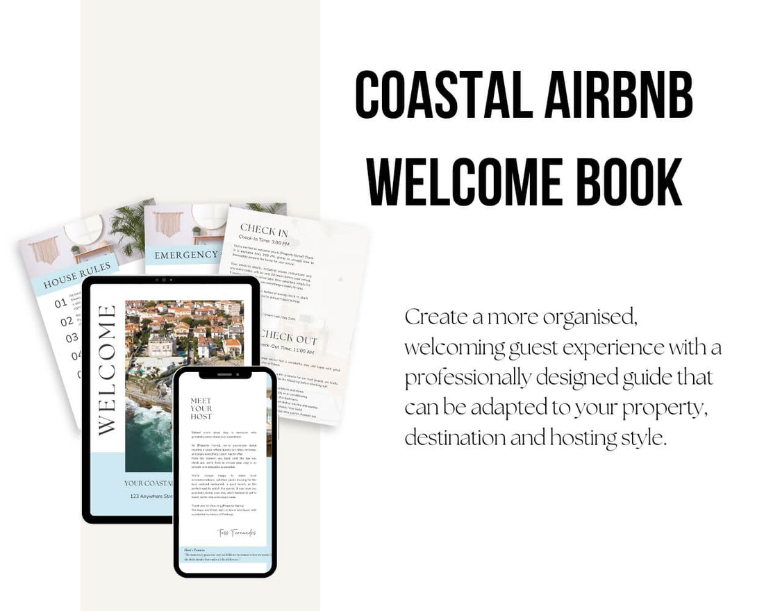 Coastal welcome book displayed on a tablet and phone beside Wi-Fi, check-in, house rules and appliance pages