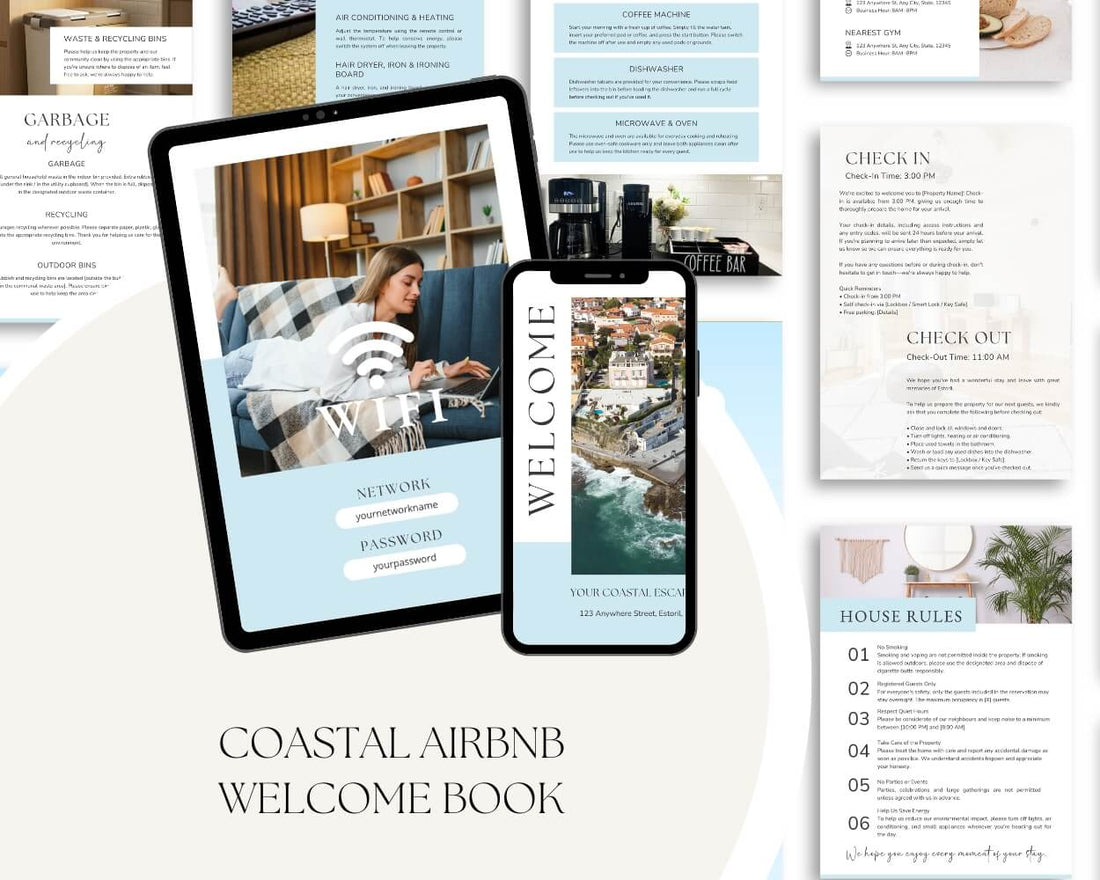 Coastal welcome book displayed on a tablet and phone beside Wi-Fi, check-in, house rules and appliance pages
