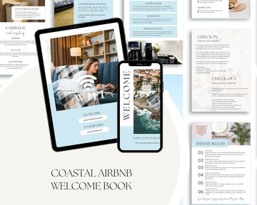 Coastal welcome book displayed on a tablet and phone beside Wi-Fi, check-in, house rules and appliance pages