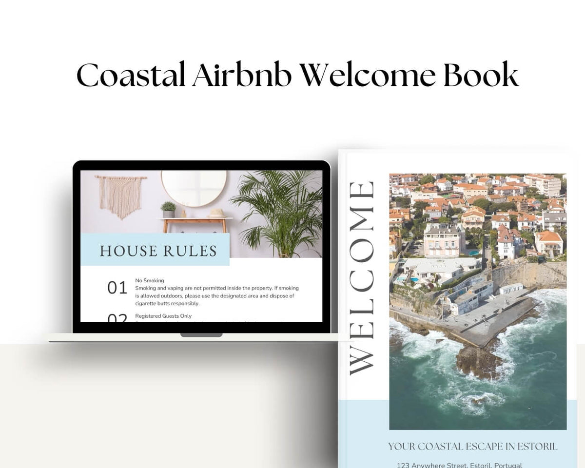 Coastal holiday rental welcome book house rules displayed on a laptop beside the coastal property cover