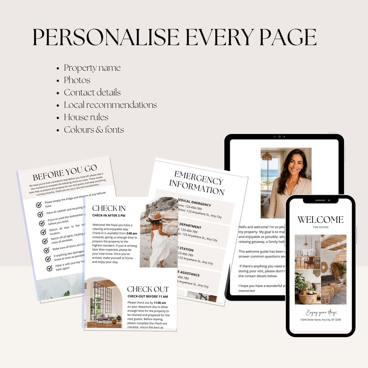 Fully editable Airbnb Welcome Book Canva template with customizable property details, photos, branding, house rules and local recommendations.
