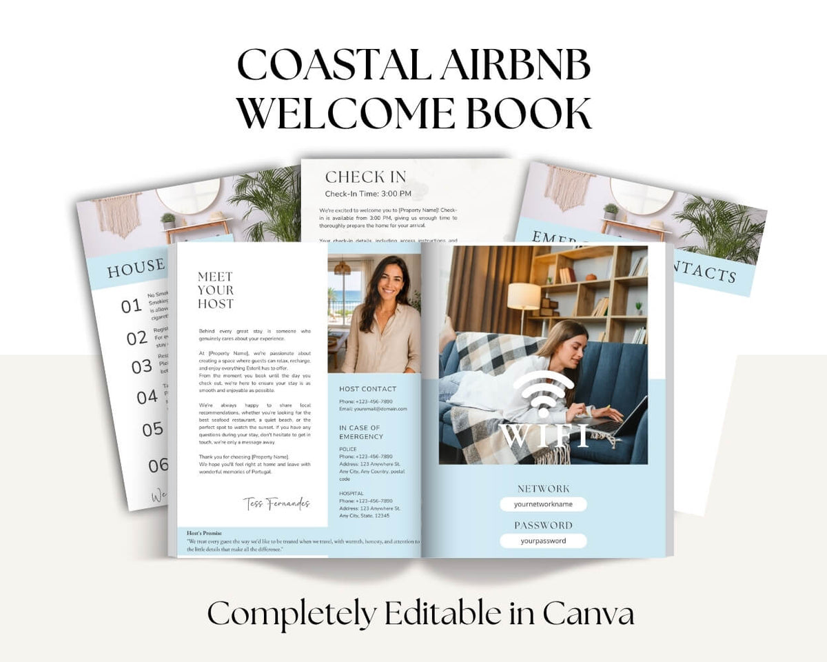 Editable Canva coastal welcome book pages showing house rules, host details, Wi-Fi and check-in information