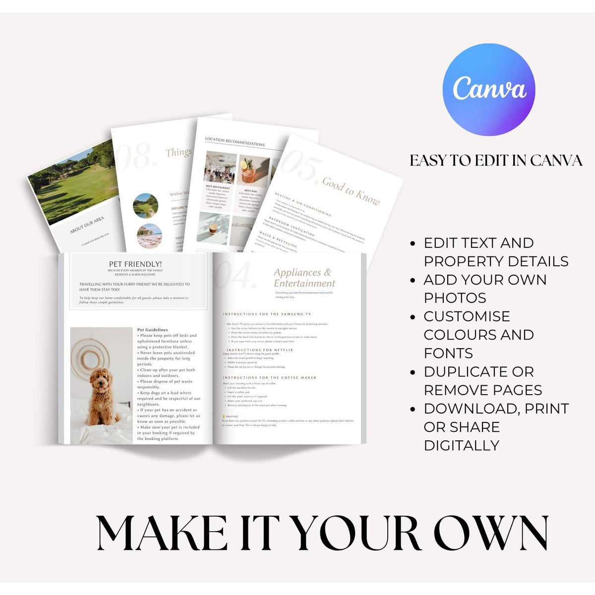 Promotional graphic for a customizable Canva brochure or flyer template. The image shows several printed brochure pages fanned out, including sample layouts like 'Pet Friendly' and 'Appliances & Entertainment'.