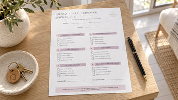 A printed 'Holiday Rental Turnover Quick Check' form sheet with checklist fields and lavender headers, placed on a light wood table next to a black pen and a ceramic dish with keys. The scene is styled in a bright interior with a plant and window in the background.