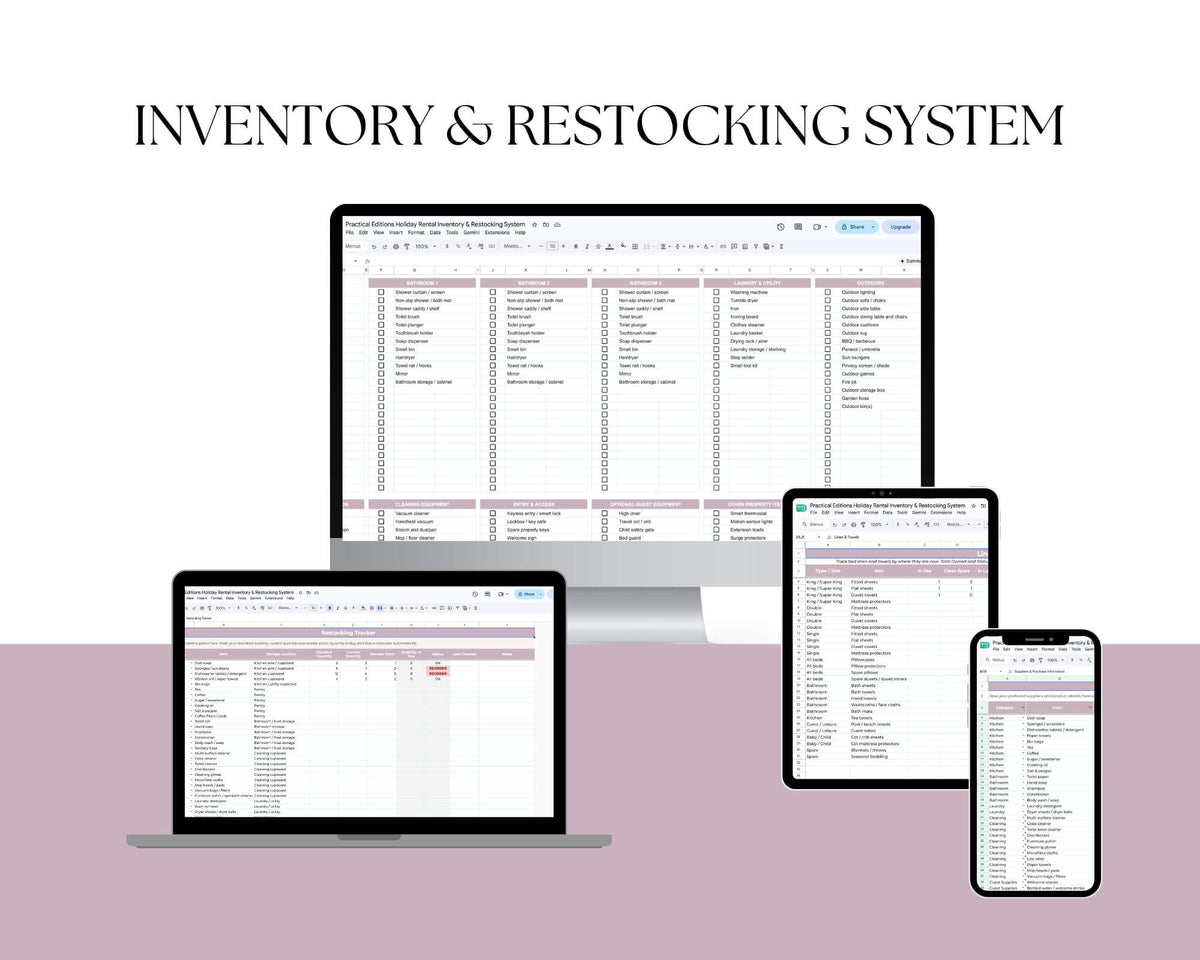 Digital spreadsheet template for inventory and restocking displayed across multiple device mockups including a desktop monitor, laptop, tablet, and smartphone, with the heading 'INVENTORY & RESTOCKING SYSTEM' above.