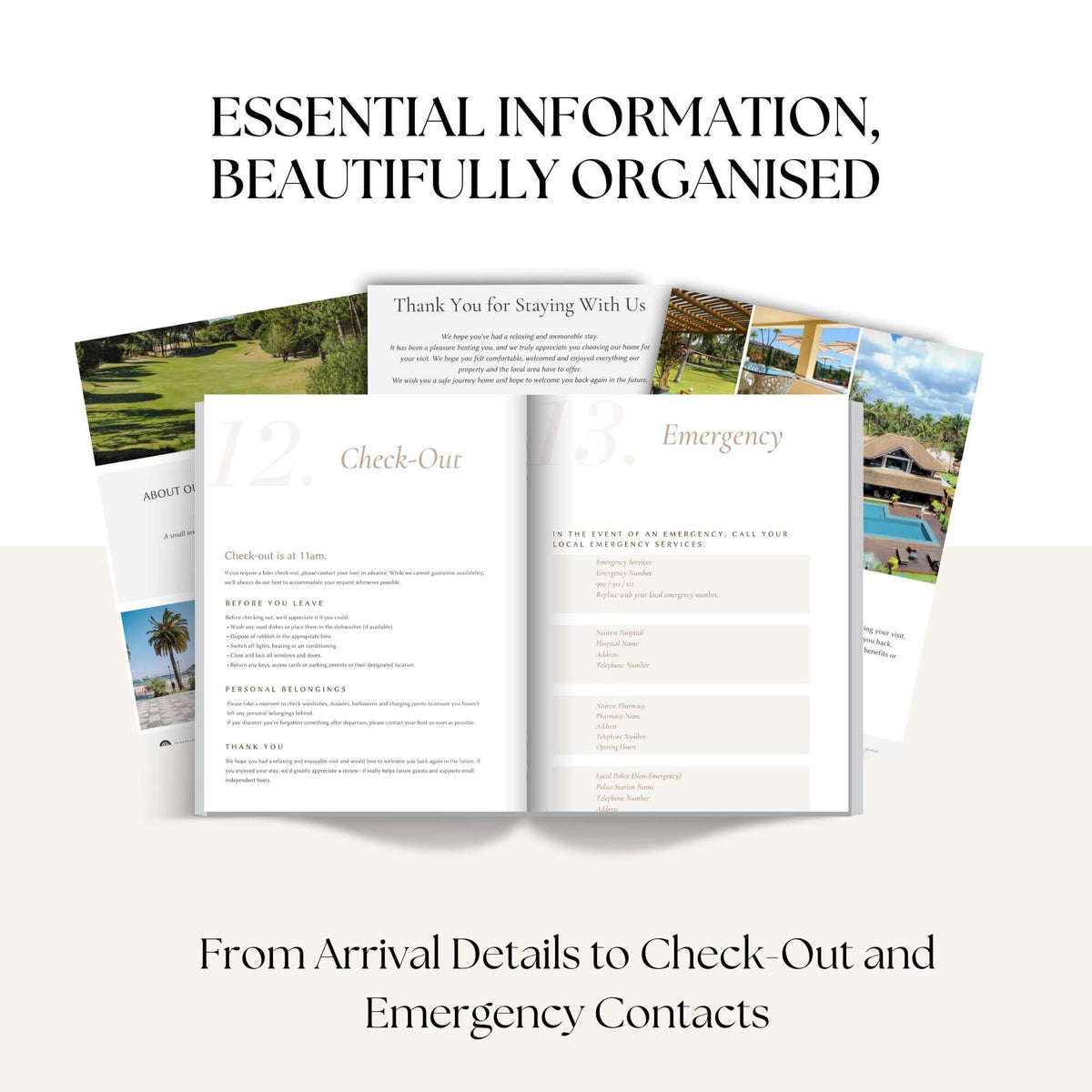 An open booklet or travel guide displaying check-out and emergency information pages, with surrounding printed pages featuring resort and landscape photos. Large text at the top reads 'ESSENTIAL INFORMATION, BEAUTIFULLY ORGANISED' and text at the bottom reads 'From Arrival Details to Check Out and Emergency Contacts.