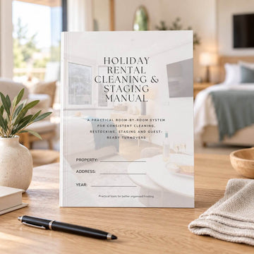 A hardcover book titled 'Holiday Rental Cleaning & Staging Manual' stands open on a wooden table in a softly blurred bedroom setting. The cover is white with faint interior room imagery and black serif text.