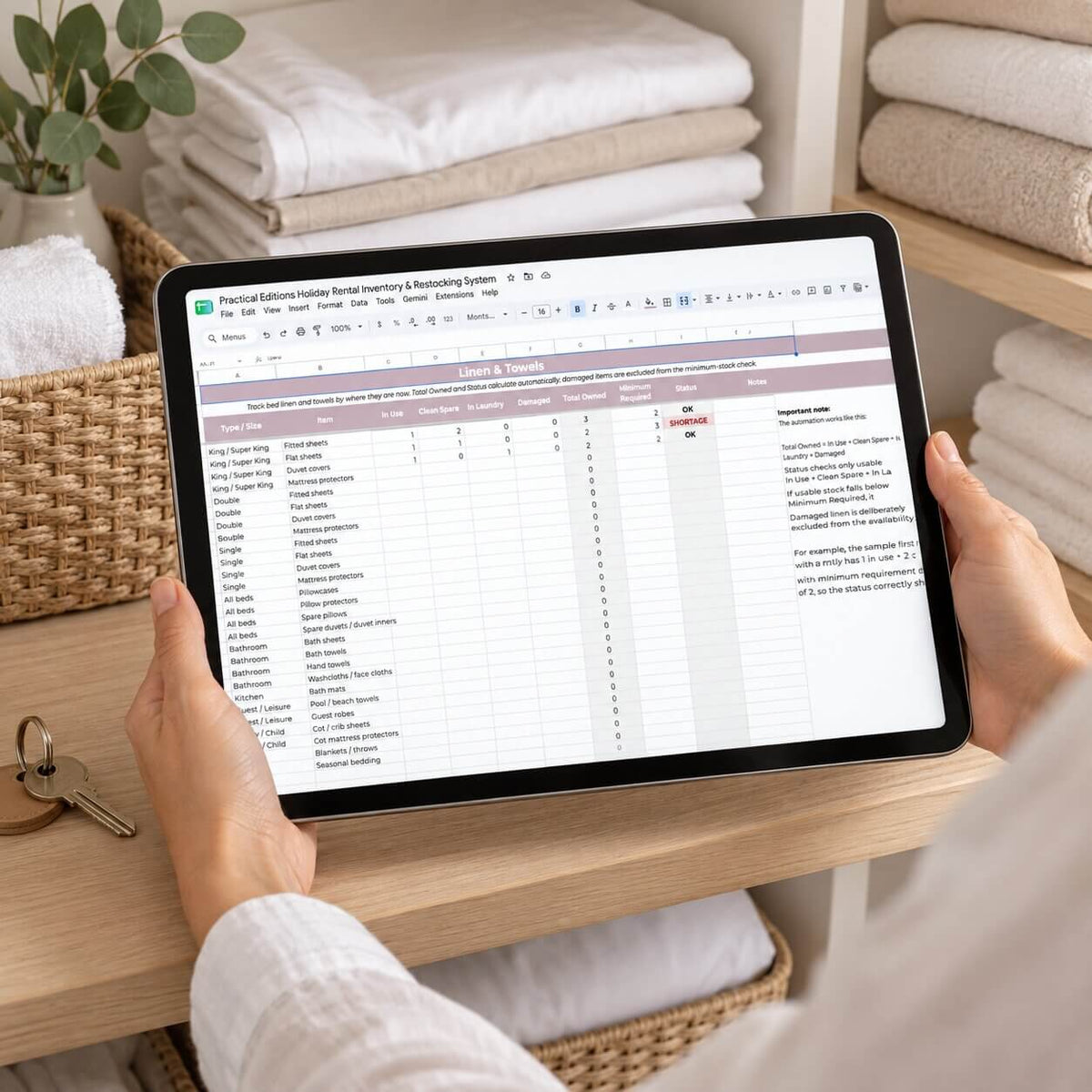A person holding a tablet showing a digital spreadsheet template titled 'holiday rental inventory & restocking system' in a cozy, styled home setting with folded towels and baskets.